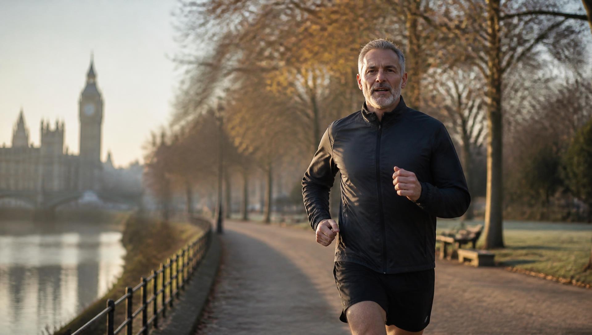 Running along the river in central London on a bright winter morning