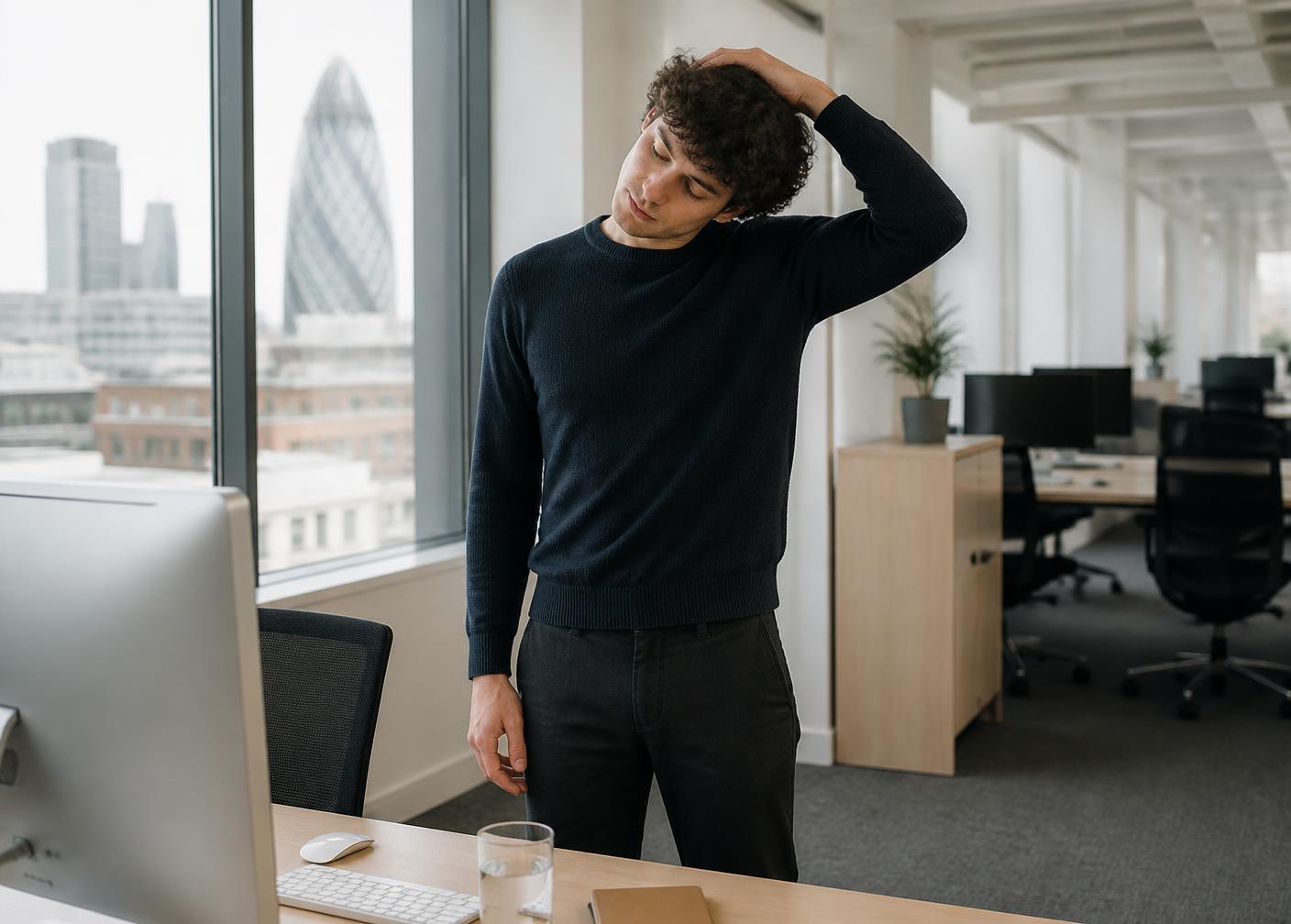 Office worker easing their neck beside a standing desk